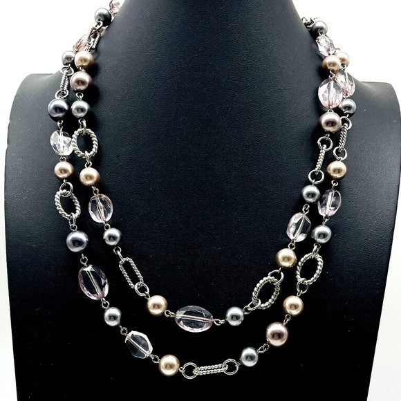 Premier Designs Jewelry - Premier Designs Long Strand Necklace Silver Tone Black Bead Link Signed